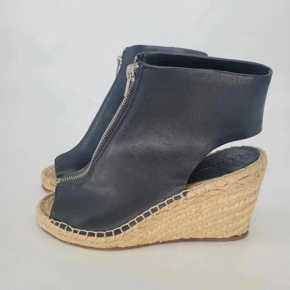 Celine Paris black leather zipper open tore ankle bootie wedge Espadrille 7